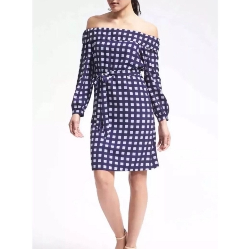 NWT Banana Republic Off Shoulder Gingham Print Dress Size Small